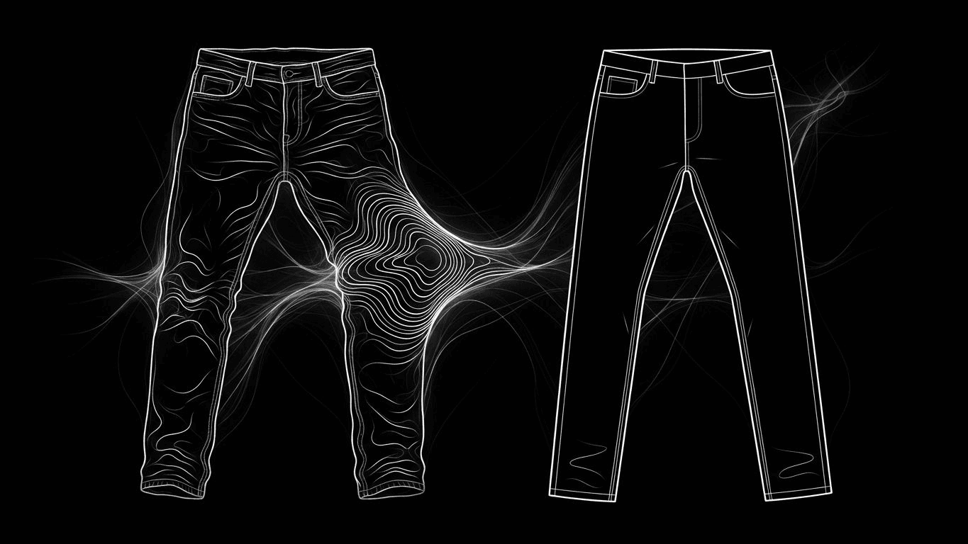 Side-by-side comparison of a pair of slim jeans with a stretched knee bulge and a pair with crisp, flat legs.