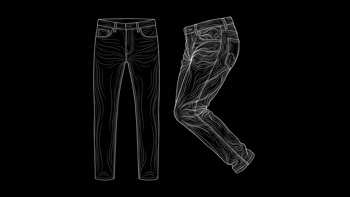 Comparison of slim fit jeans looking sharp while standing versus straining and pulling at the thigh while sitting.
