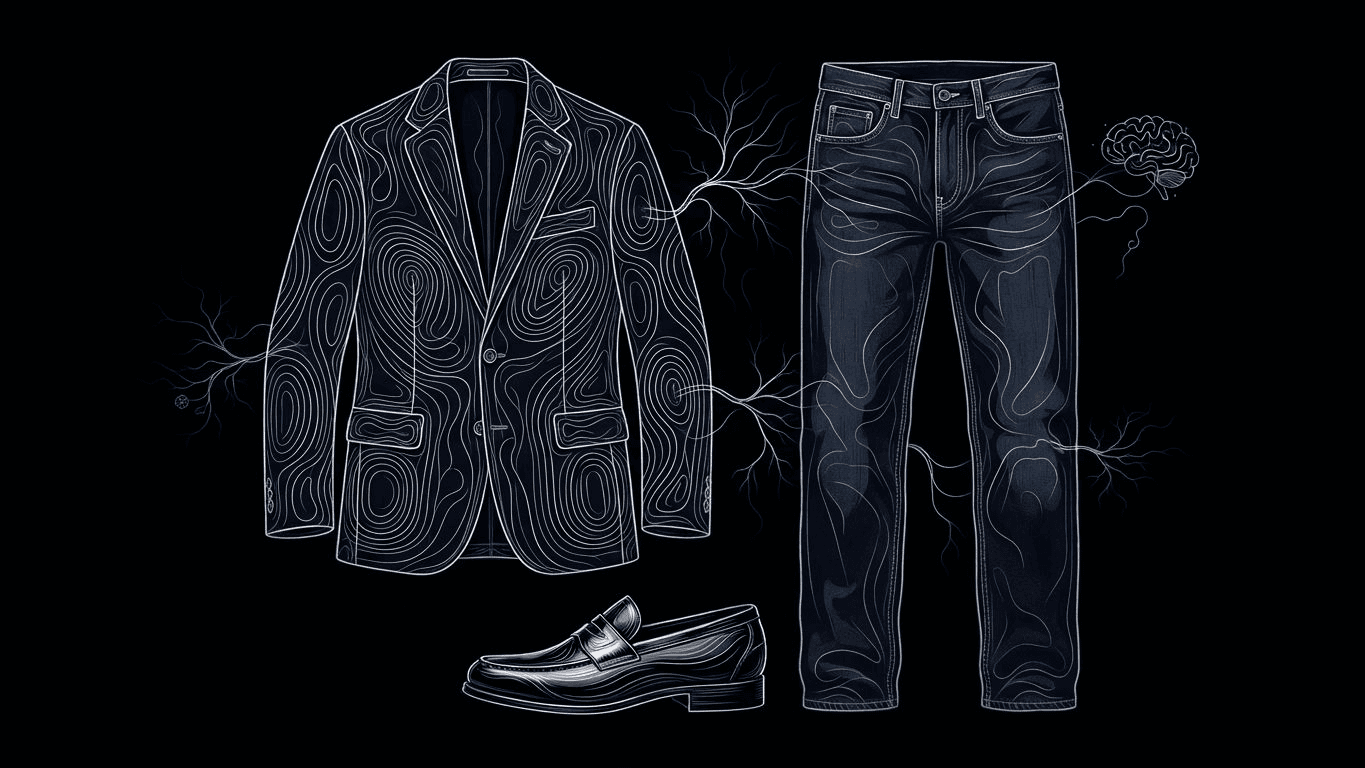 Dark indigo denim jeans paired with a navy blazer and leather loafers on a flat surface.
