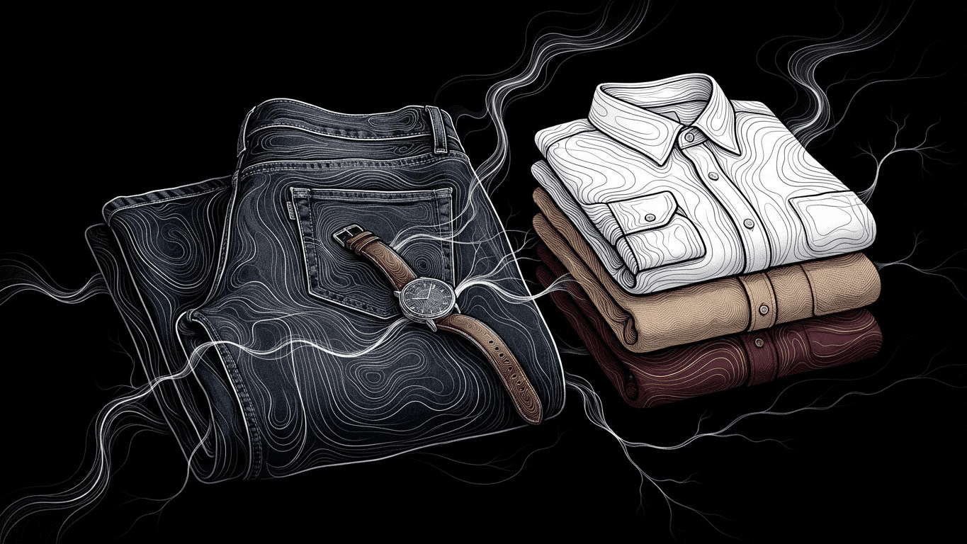 Dark blue jeans folded next to white, beige, and burgundy shirts with a leather watch.
