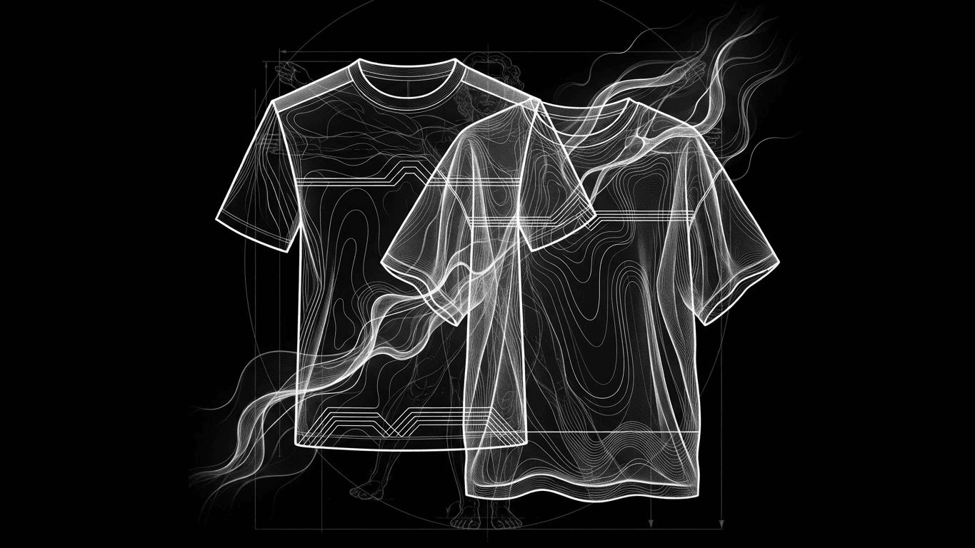 A blueprint comparison of regular and oversized T-shirt silhouettes highlighting shoulder seam and hem differences.