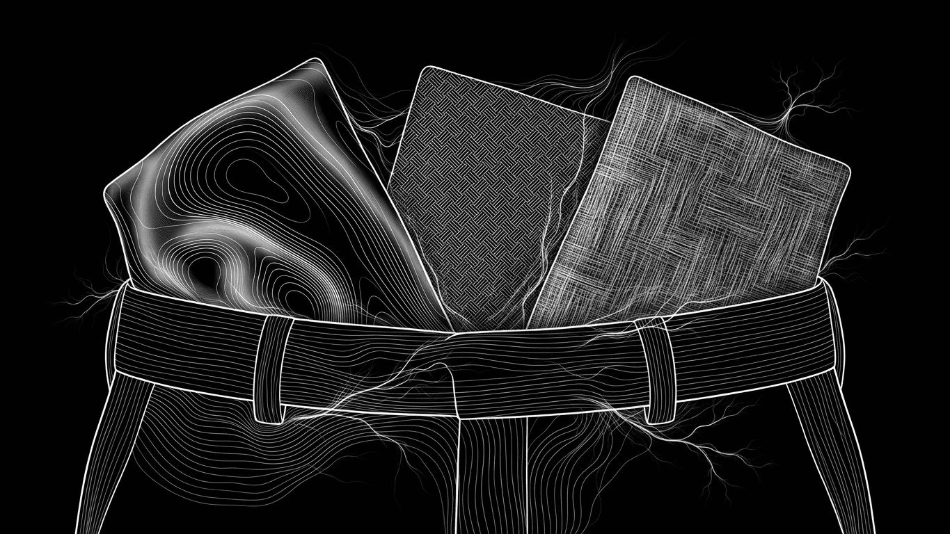 Three shirt fabric swatches tucked into a formal trouser waistband to demonstrate drape and texture differences.