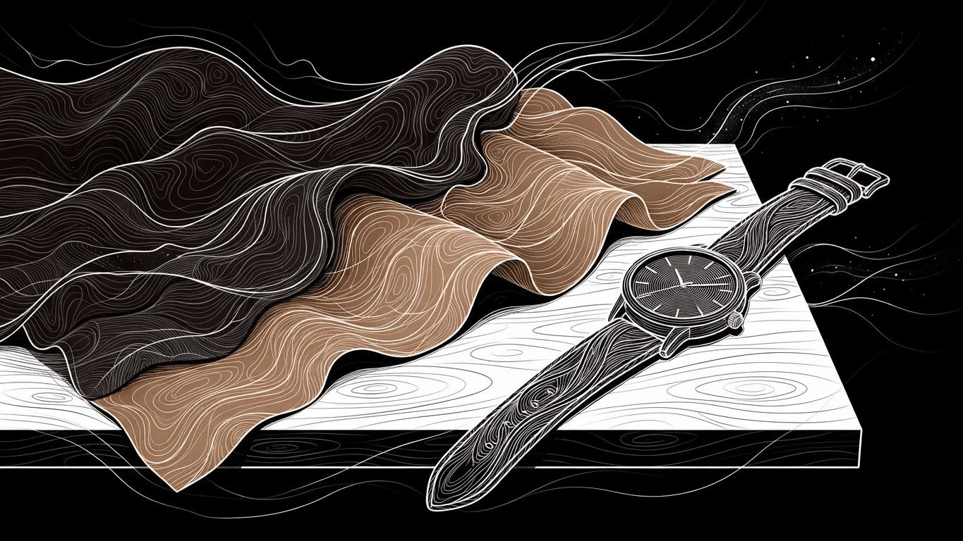 Textured brown fabric swatches in various shades resting next to a brown leather watch.