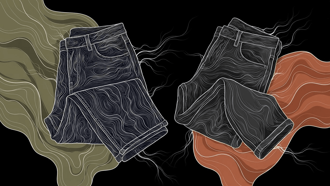 Folded deep indigo and charcoal grey jeans next to warm-toned fabric swatches.