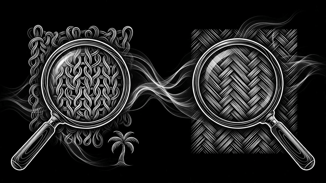 Magnifying glasses comparing looped knit fabric and tight woven twill denim textures.