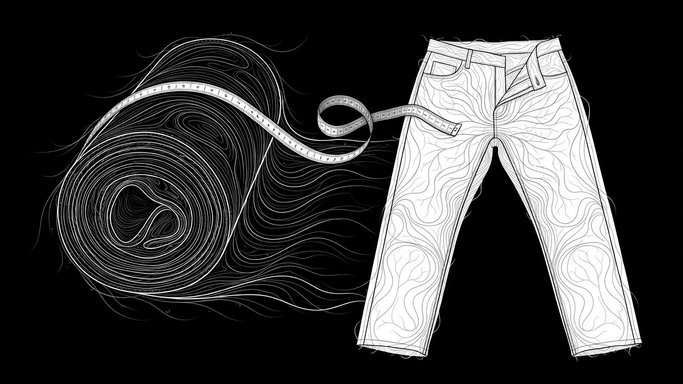 Measuring tape on dark denim fabric next to a white cotton garment prototype.