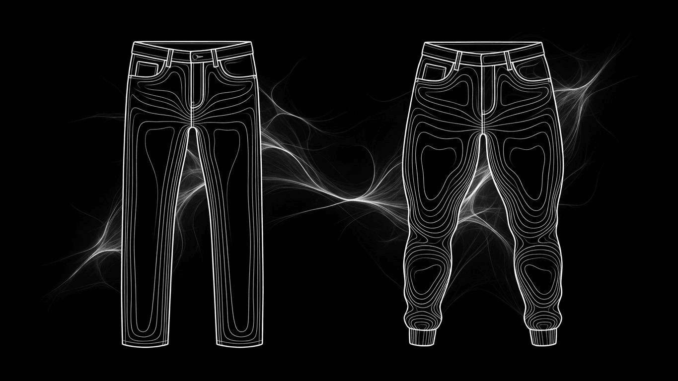 Illustration comparing the straight silhouette of slim fit jeans versus the narrowing silhouette of tapered fit jeans.