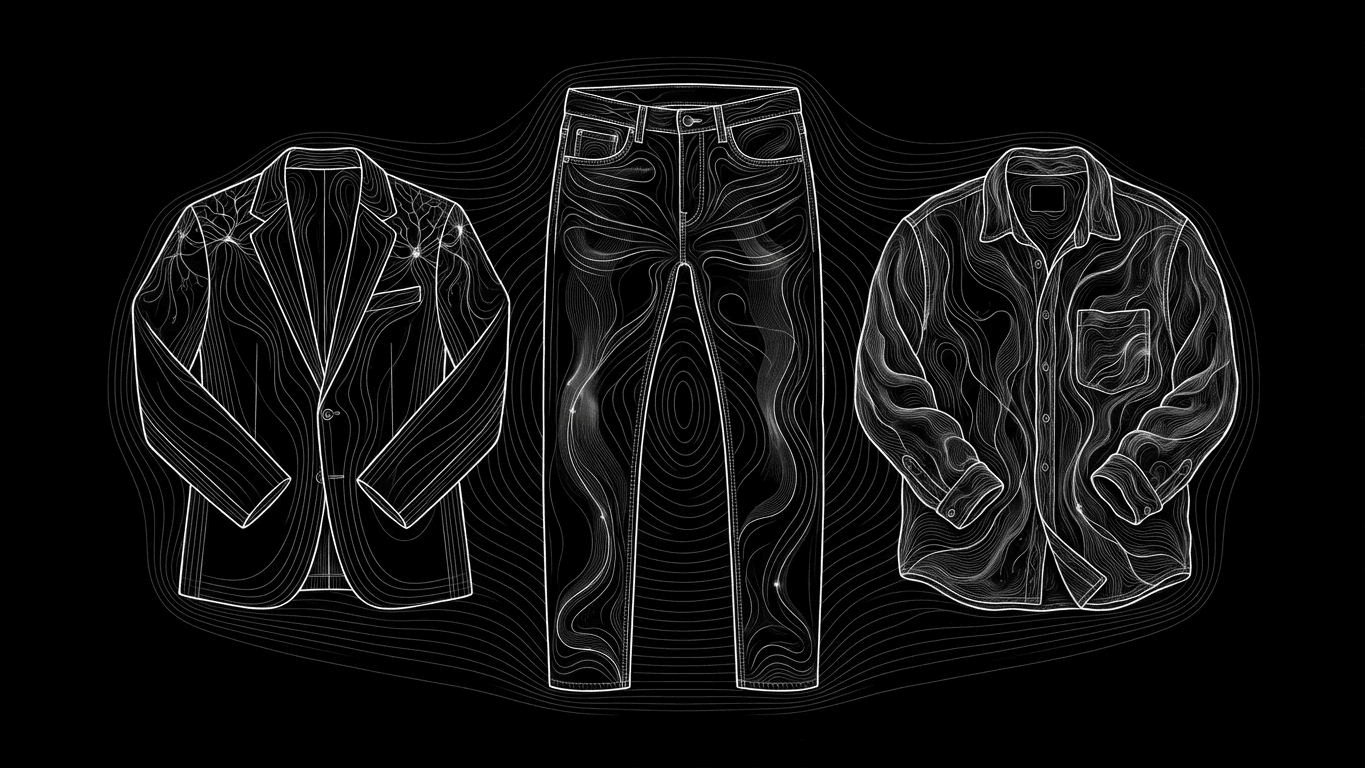 Dark indigo jeans centered between a formal blazer and a casual overshirt.