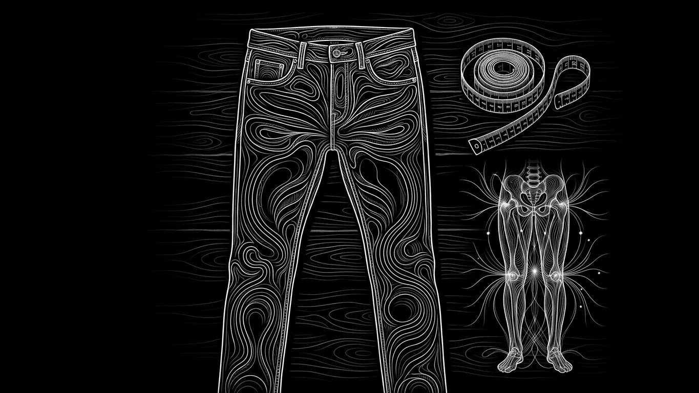 Slim-fit blue jeans on a table next to a measuring tape and a diagram of body measurements.