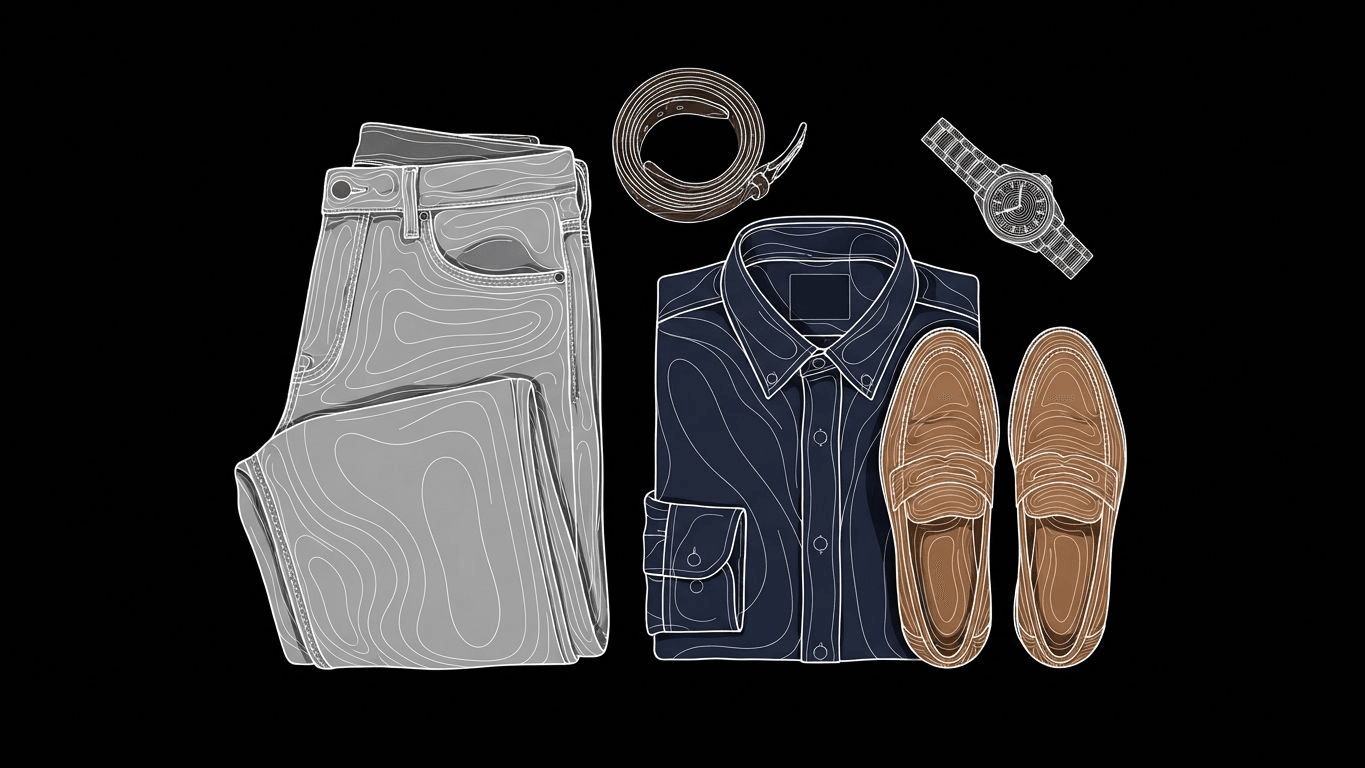 Flat lay of grey jeans, a navy shirt, tan loafers, and a leather belt on a clean background.