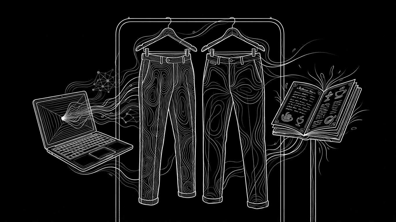 Navy chinos and charcoal trousers displayed against a split background of office light and evening city lights.