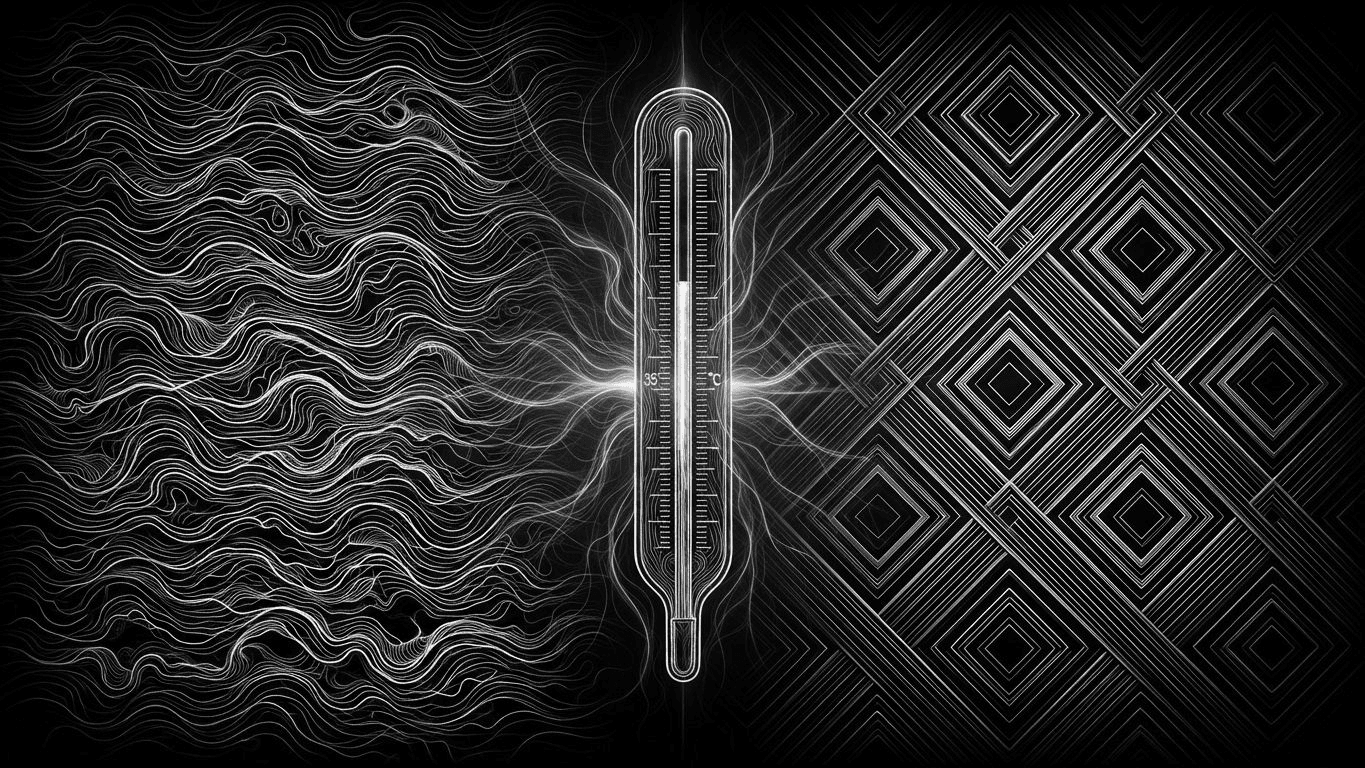 Close-up comparison of textured cotton slub fabric and geometric dobby weave fabric next to a high temperature gauge.