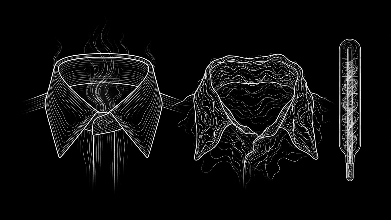 A comparison of a sharp shirt collar versus a wilted one next to a thermometer showing high temperatures.